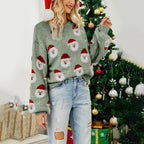 Christmas Cozy Cute Santa Head Round Neck Casual Oversized Warm Winter Sweater