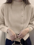 Red Puff Sleeve Button-Up Elegant Knitted Cardigan