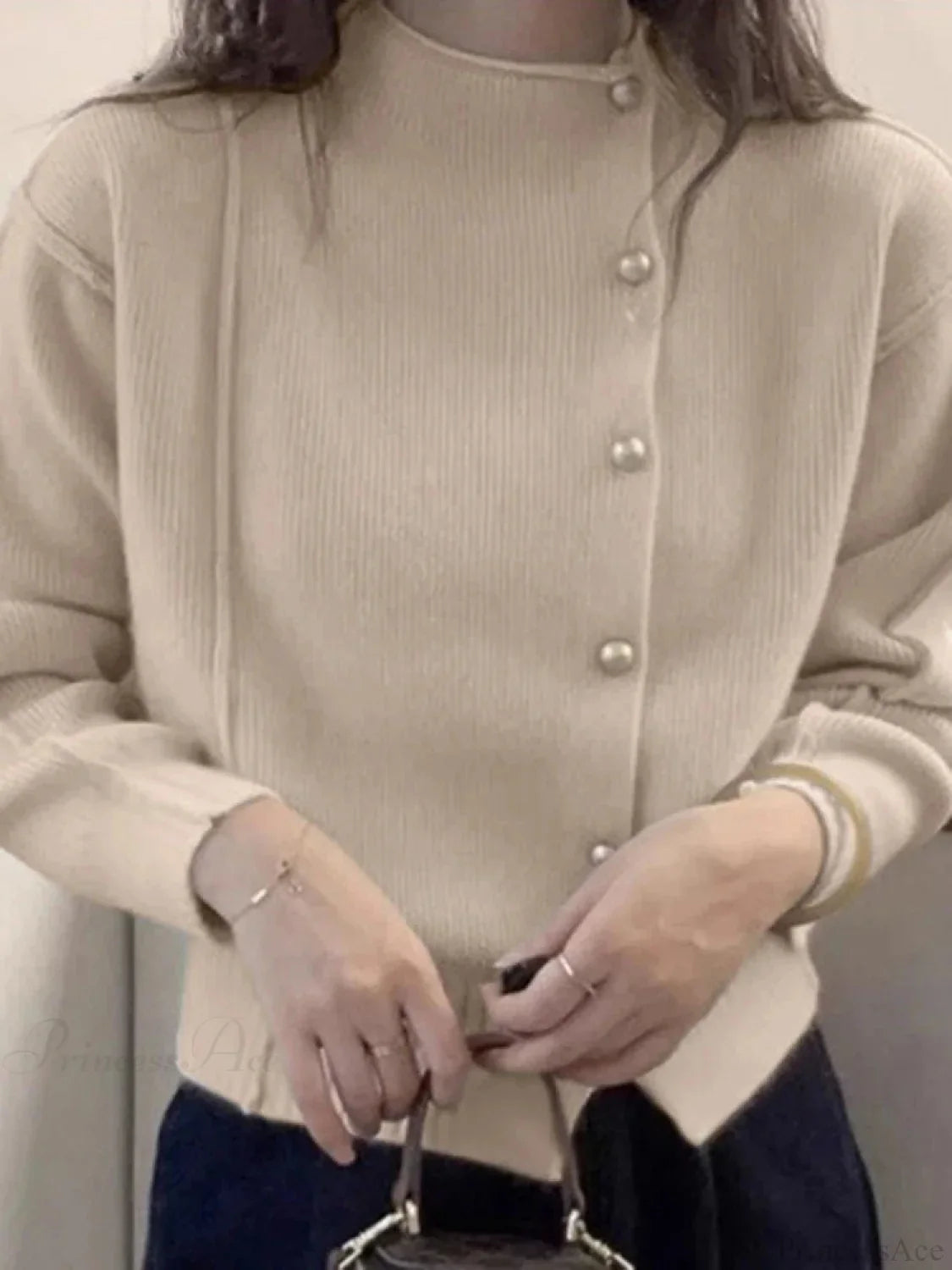 Red Puff Sleeve Button-Up Elegant Knitted Cardigan