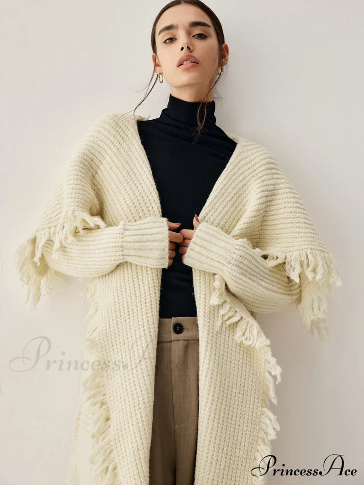 Chunky Knit Tassel Trendy Hem Poncho Cardigan