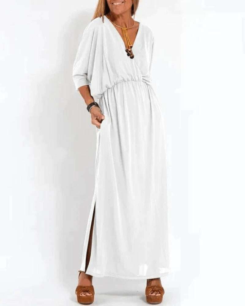 Surplice V-Neck Dolman Sleeve Elastic Waist Pocket Maxi Dress