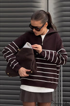 Collared Half Zip Soft Striped Long Sleeve Sweater