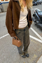 Collared Zipper Faux Suede Jacket