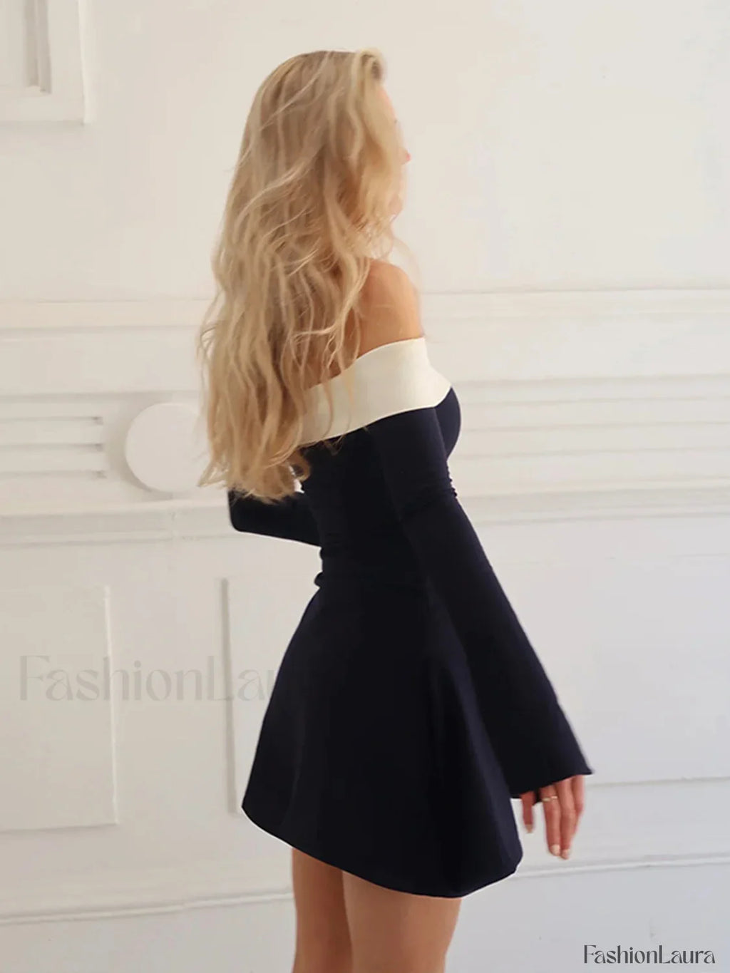 Color Block Off-Shoulder Long Sleeve Short Dress