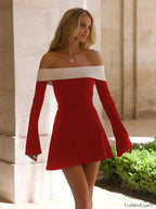 Color Block Off-Shoulder Long Sleeve Short Dress