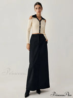 Colorblock Open Collar Cutout Modern Crop Long Sleeve Top