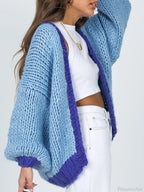 Contrast Color Open Front Loose Knit Cardigan