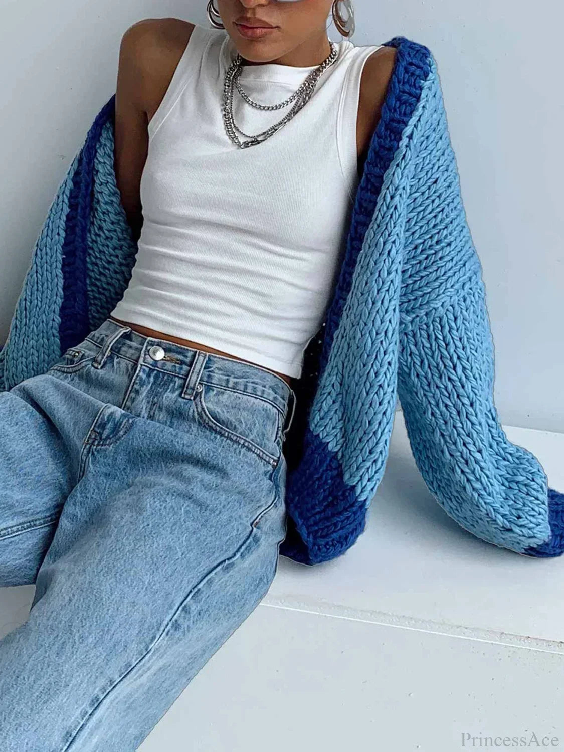 Contrast Color Open Front Loose Knit Cardigan