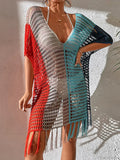Contrast Color Tassel Hollow Beach Cover Up