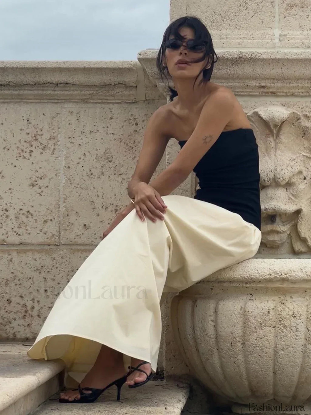 Apricot Contrast Color Tube Long Dress