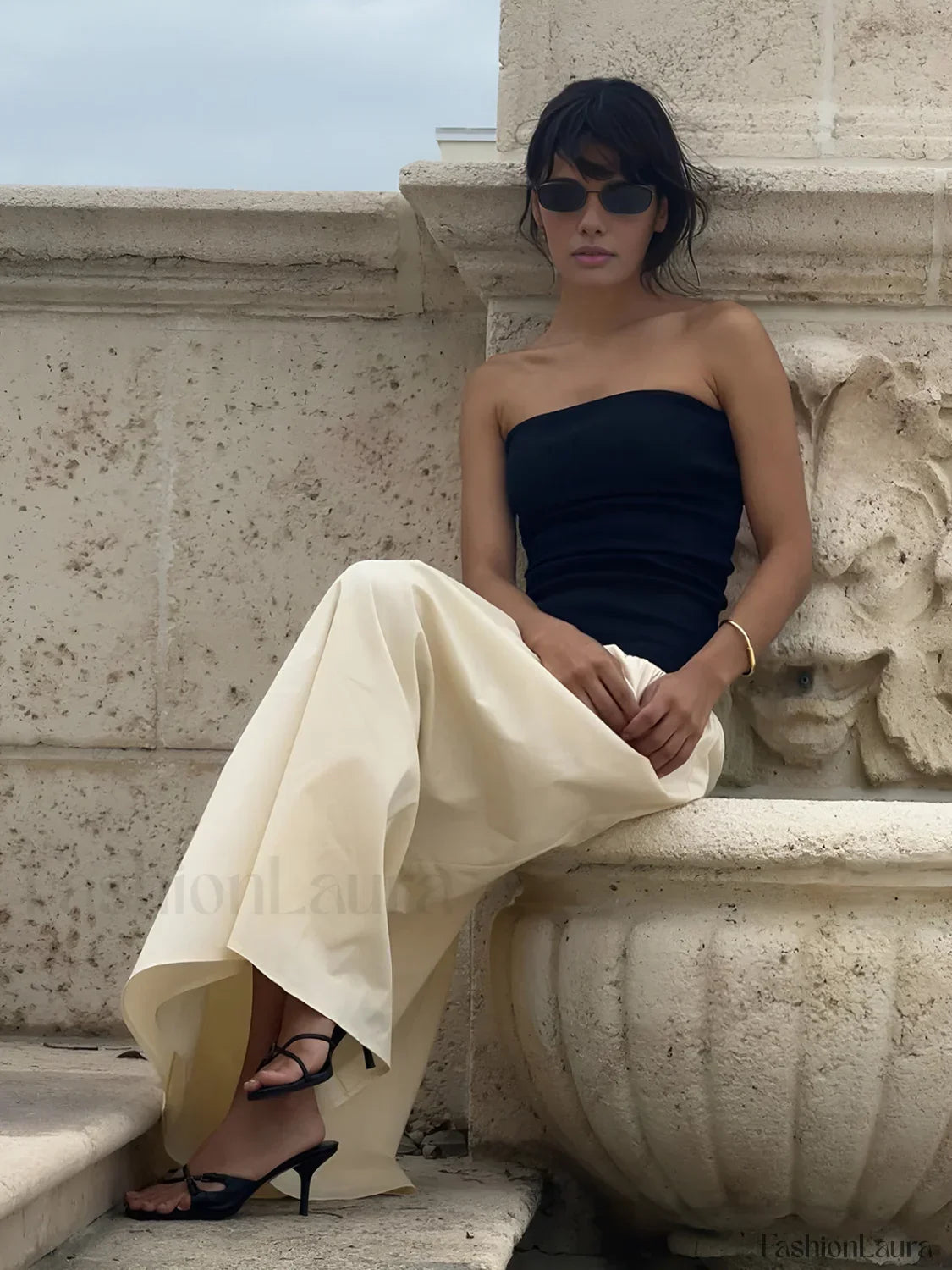 Apricot Contrast Color Tube Long Dress