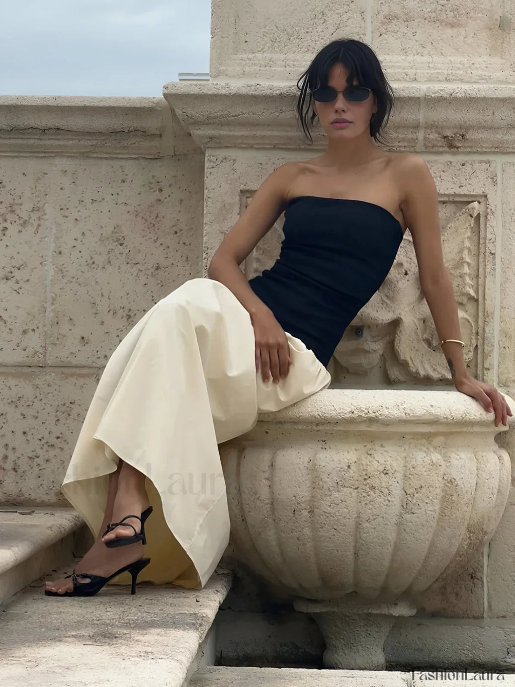 Apricot Contrast Color Tube Long Dress