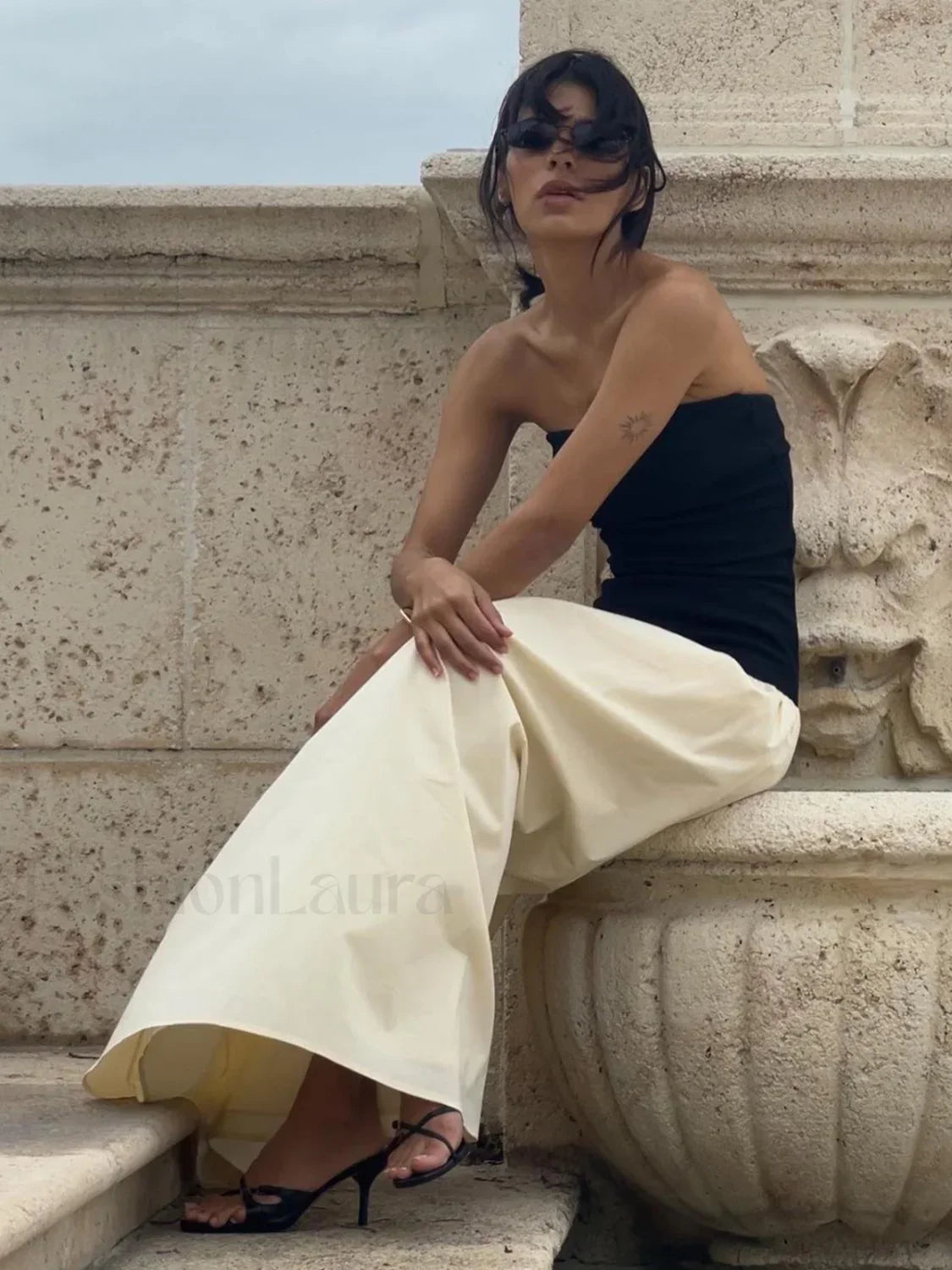 Apricot Contrast Color Tube Long Dress