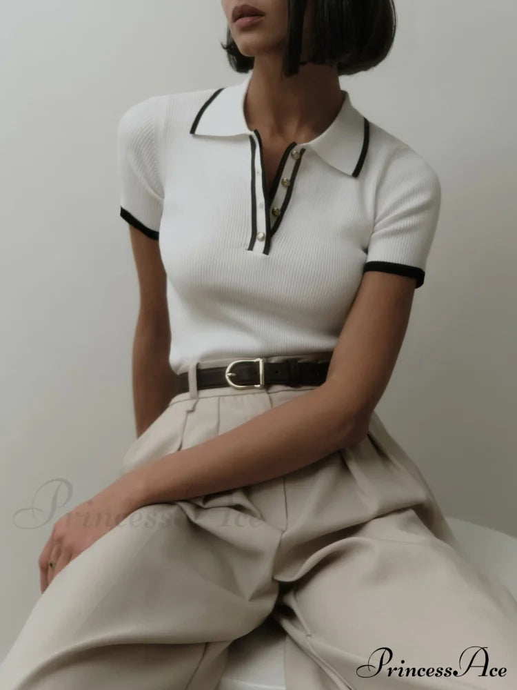 Contrast Trim Metal Trendy Button Knit Top