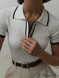 Contrast Trim Metal Trendy Button Knit Top