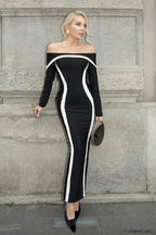 Black Contrast Panel Waist Wrapped One Shoulder Flared Maxi Dress