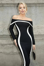 Black Contrast Panel Waist Wrapped One Shoulder Flared Maxi Dress