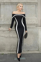 Black Contrast Panel Waist Wrapped One Shoulder Flared Maxi Dress