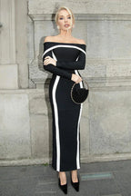 Black Contrast Panel Waist Wrapped One Shoulder Flared Maxi Dress