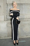 Black Contrast Panel Waist Wrapped One Shoulder Flared Maxi Dress