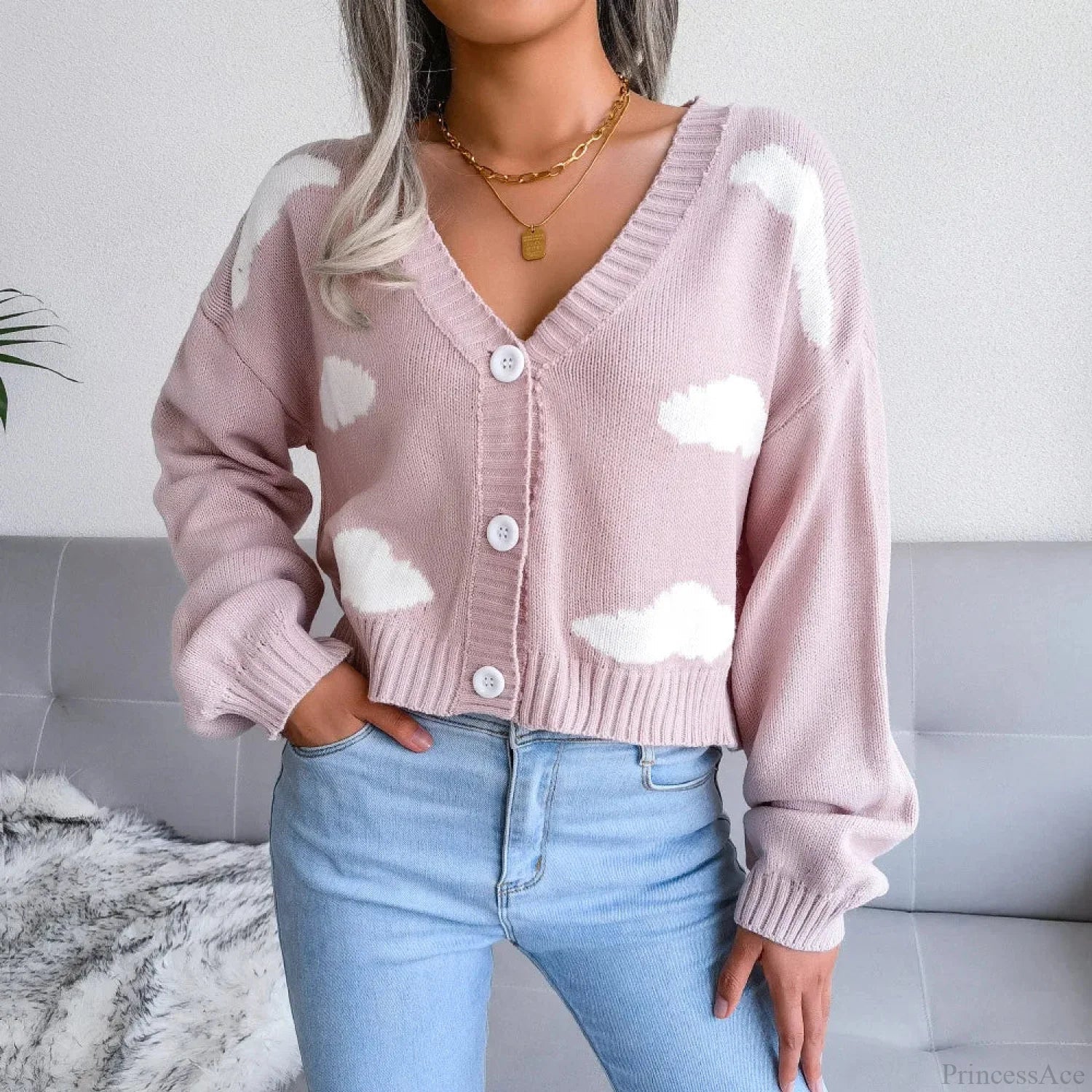 Contrasting Colors V-Neck Knitted Knit Cardigan