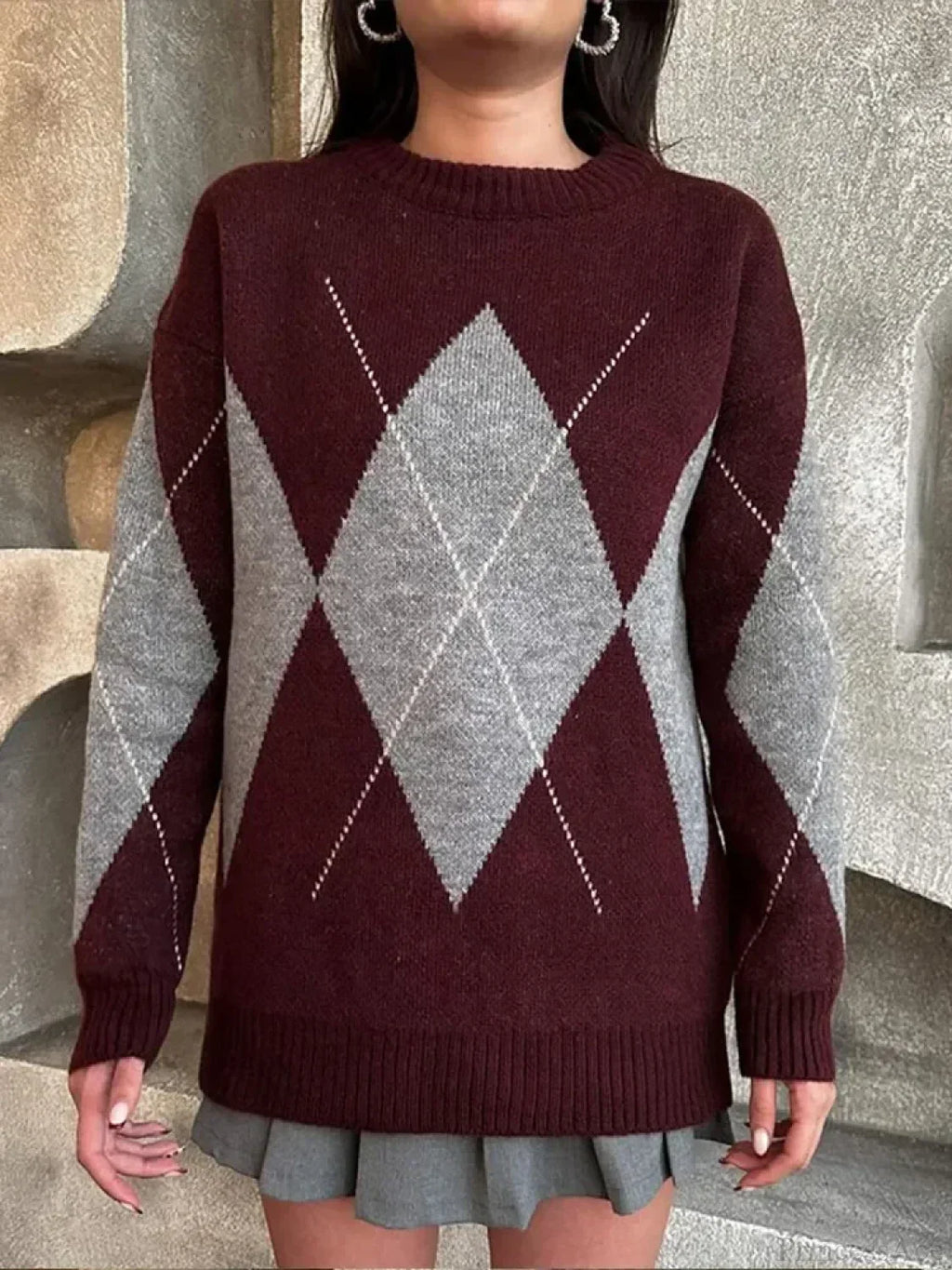 Contrasting Printed Long Sleeve Sweater