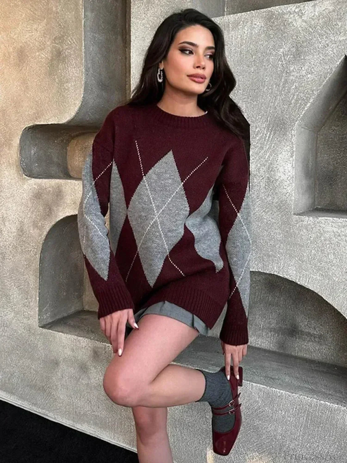 Contrasting Printed Long Sleeve Sweater
