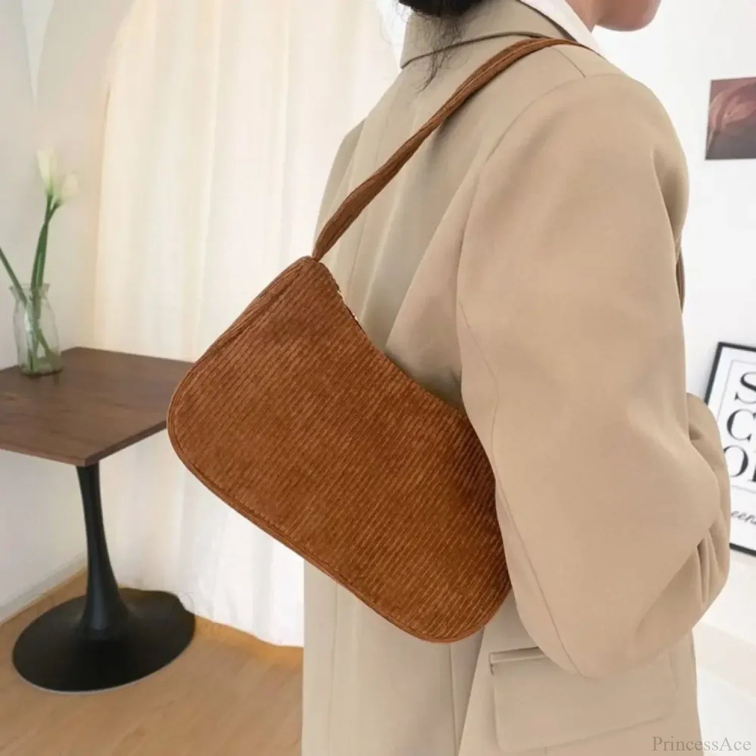 Corduroy Zipper Underarm Shoulder Handbag