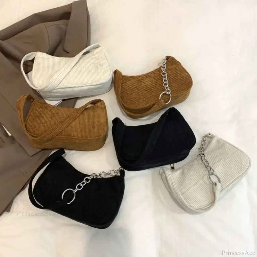 Corduroy Zipper Underarm Shoulder Handbag