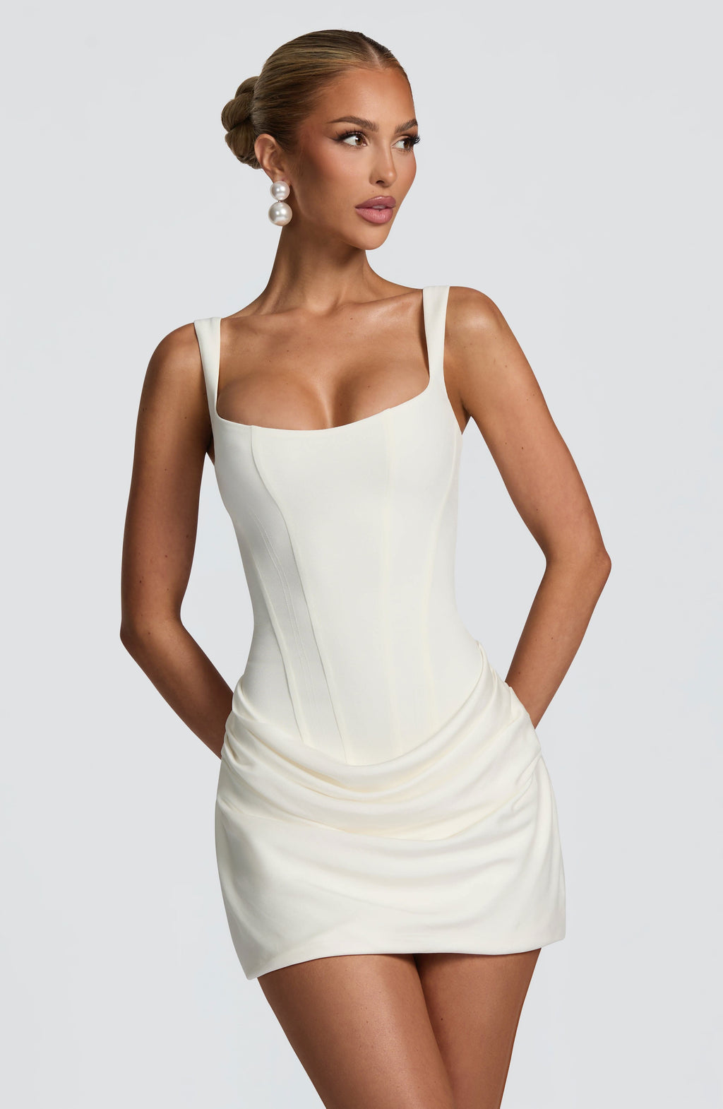 Square Neck Corset Bodice Ruched Draped Mini Dress