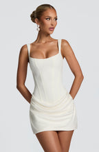 Square Neck Corset Bodice Ruched Draped Mini Dress