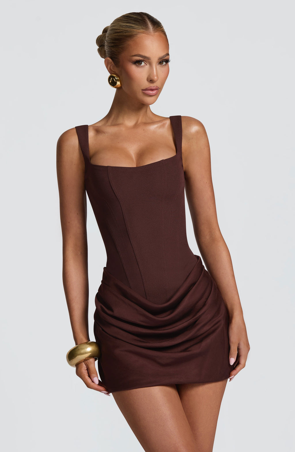 Square Neck Corset Bodice Ruched Draped Mini Dress