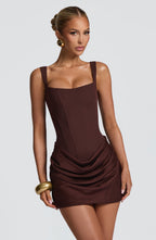 Square Neck Corset Bodice Ruched Draped Mini Dress