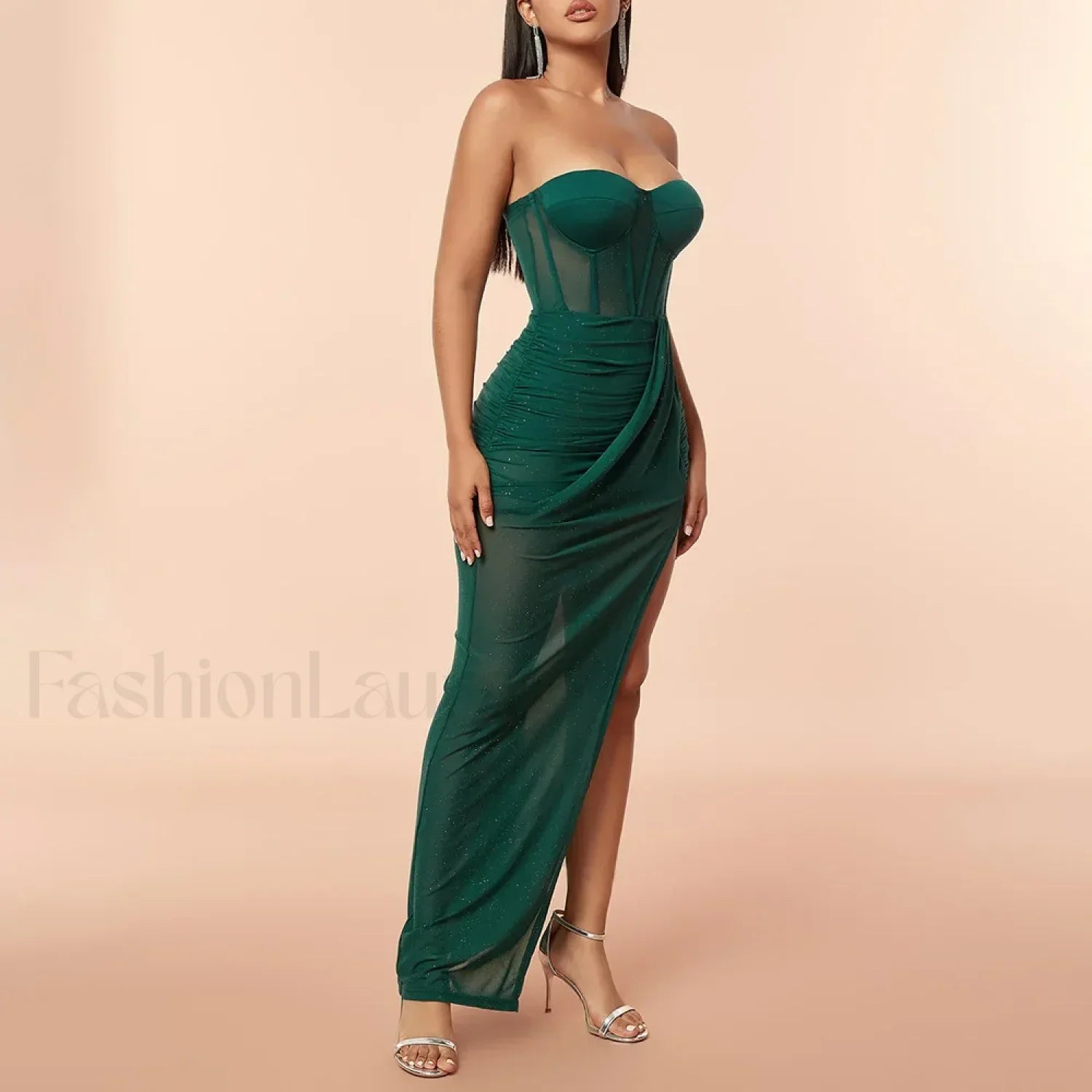 Green Corset Slit Folds Maxi Dress