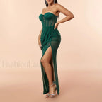 Green Corset Slit Folds Maxi Dress