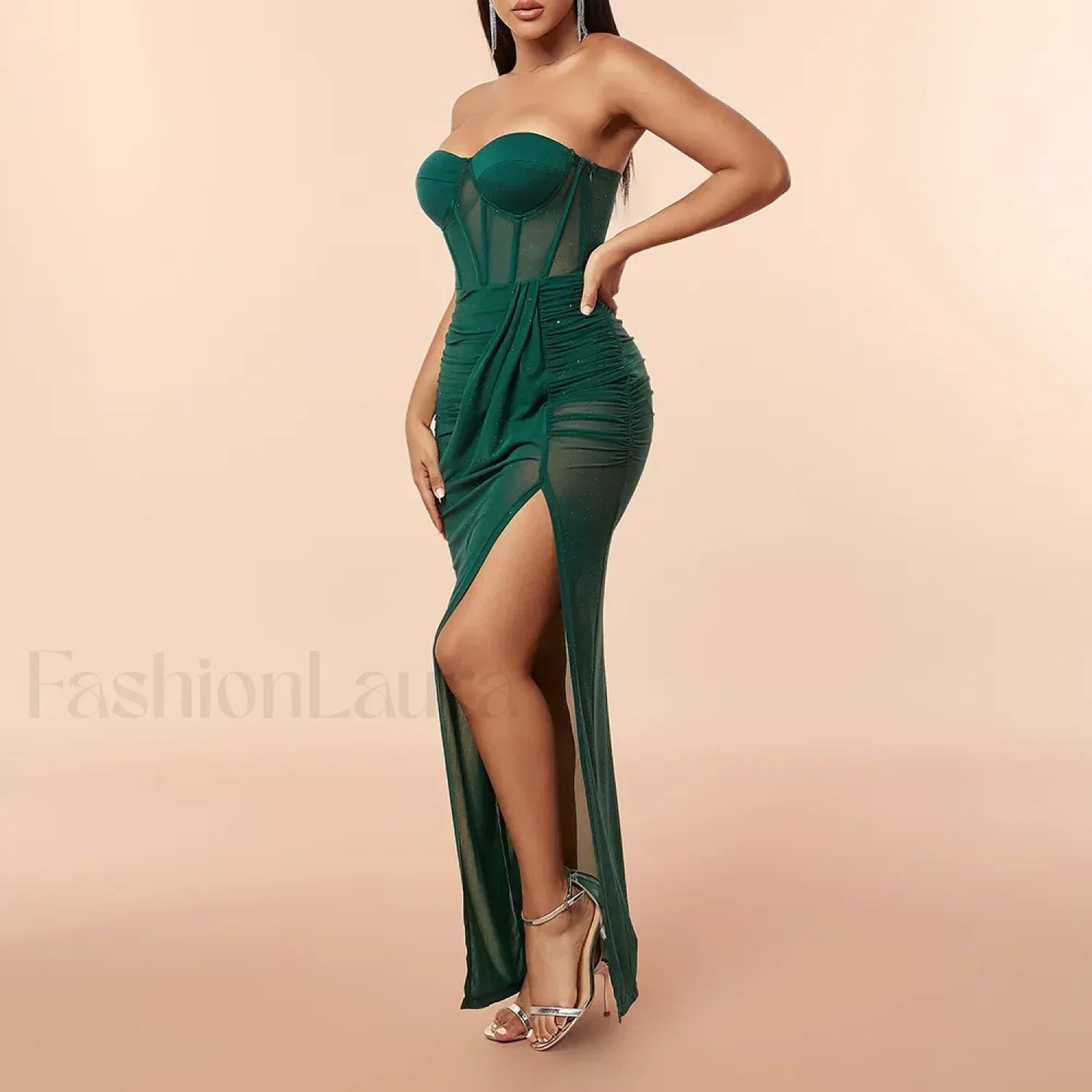 Green Corset Slit Folds Maxi Dress