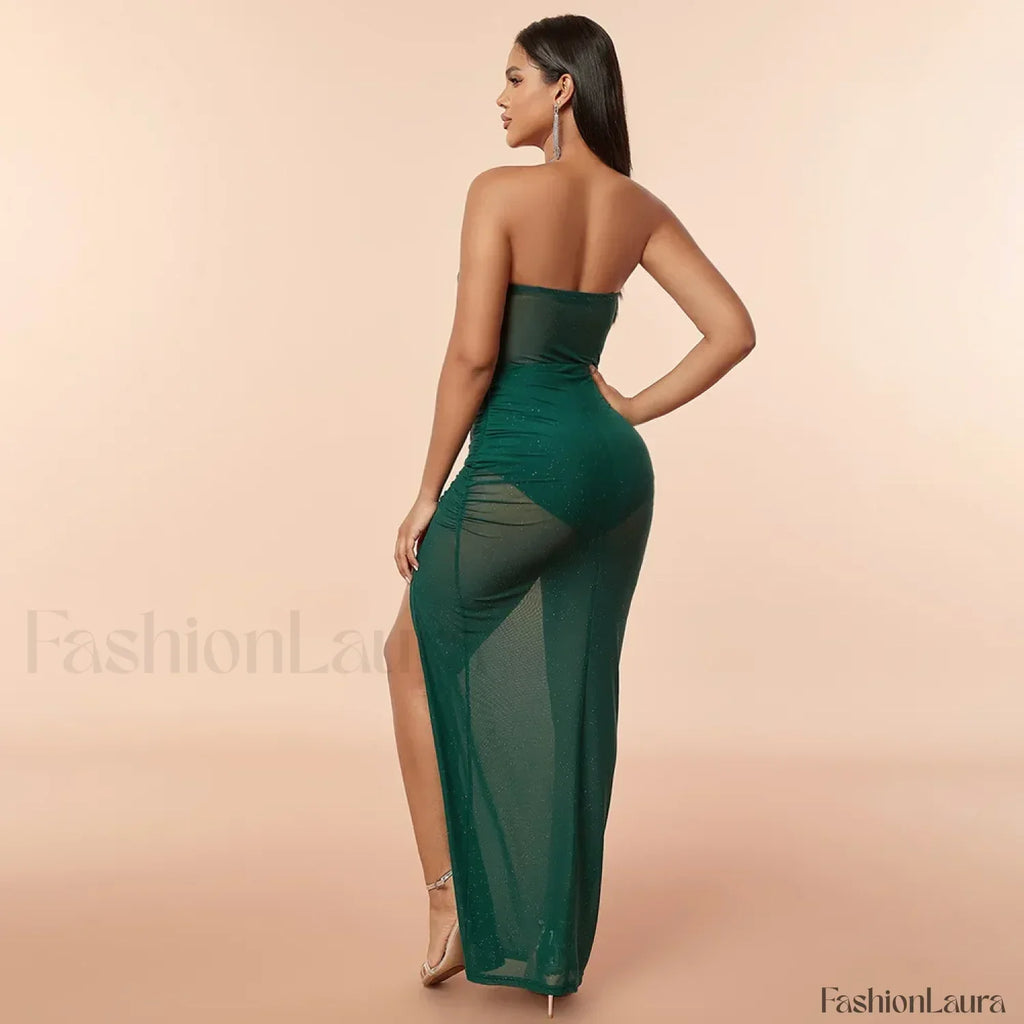 Green Corset Slit Folds Maxi Dress