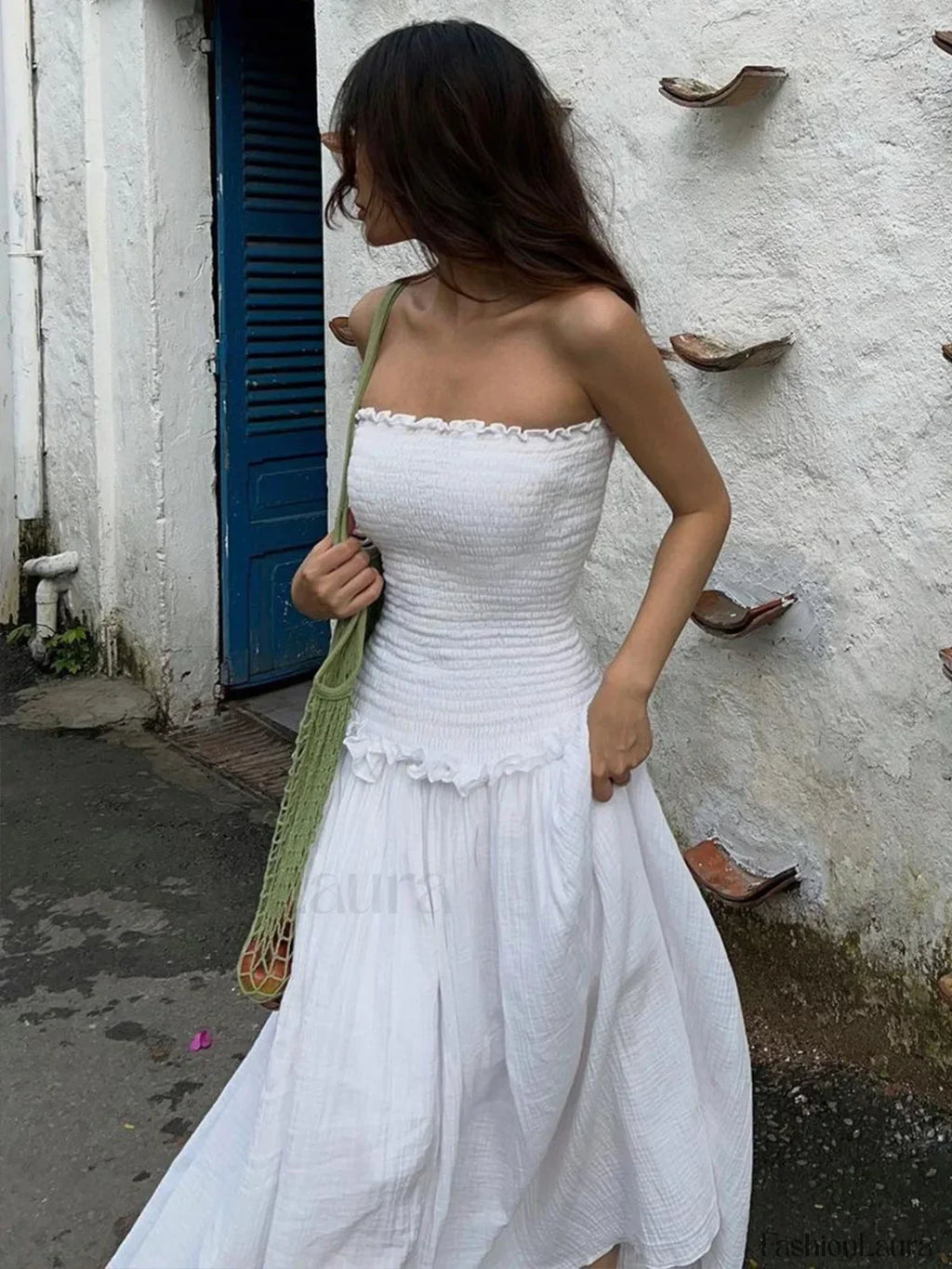 White Cotton Blends Shirred Tube Long Dress
