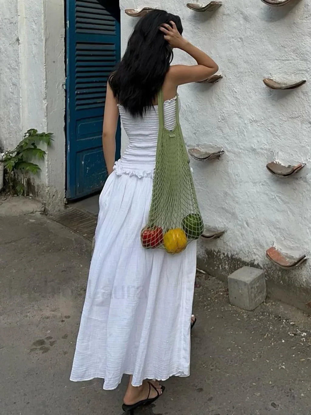 White Cotton Blends Shirred Tube Long Dress