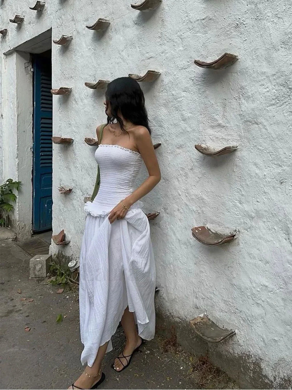 White Cotton Blends Shirred Tube Long Dress