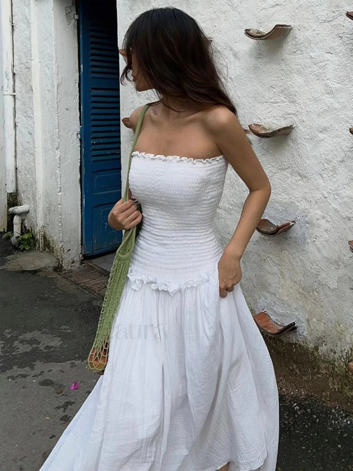 White Cotton Blends Shirred Tube Long Dress
