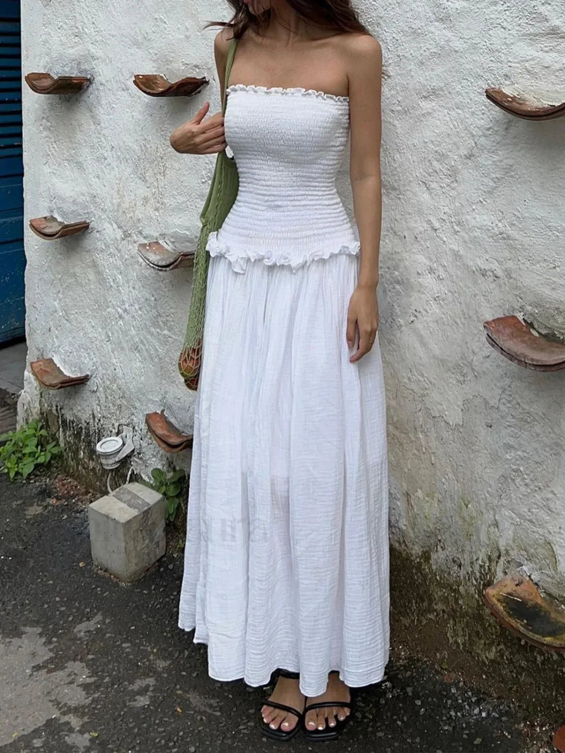 White Cotton Blends Shirred Tube Long Dress