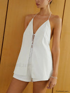 Cotton & Linen Backless Halter Top With Shorts Set
