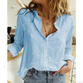 Cotton Linen Button-up Blue Office Blouse