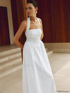 White Cotton And Linen Halter A-Line Long Dress