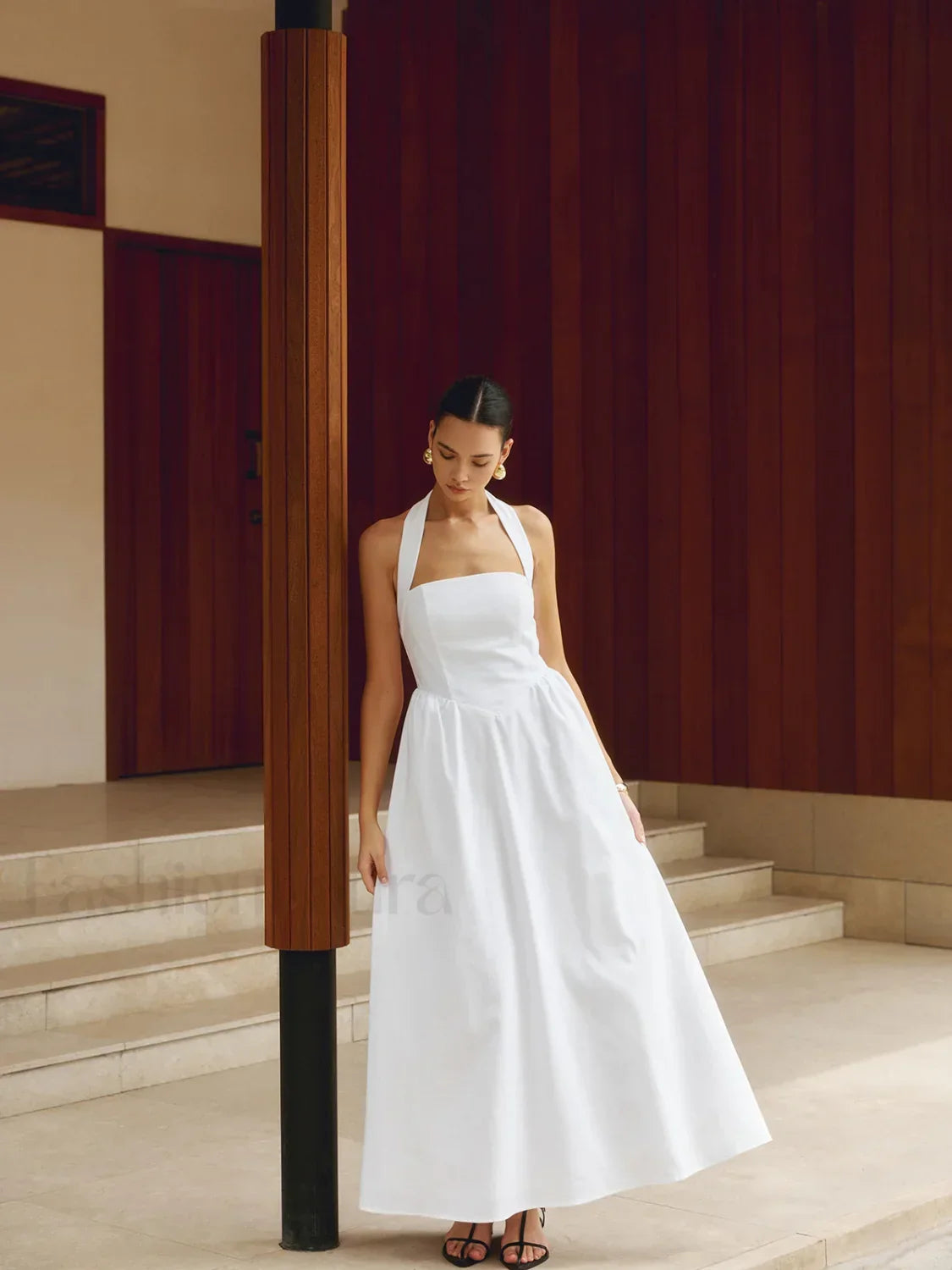 White Cotton And Linen Halter A-Line Long Dress