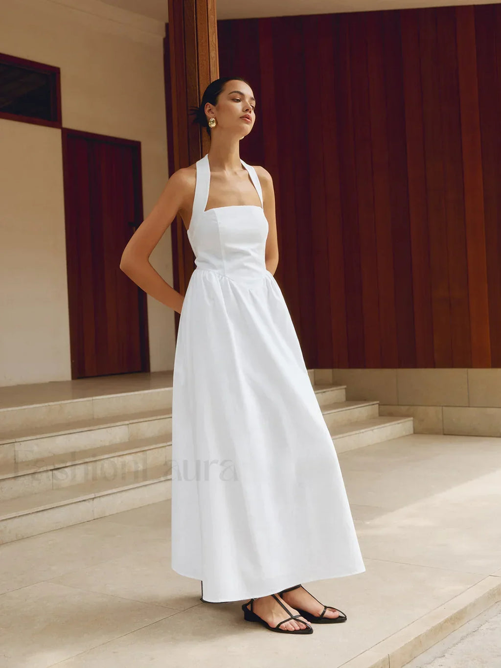 White Cotton And Linen Halter A-Line Long Dress