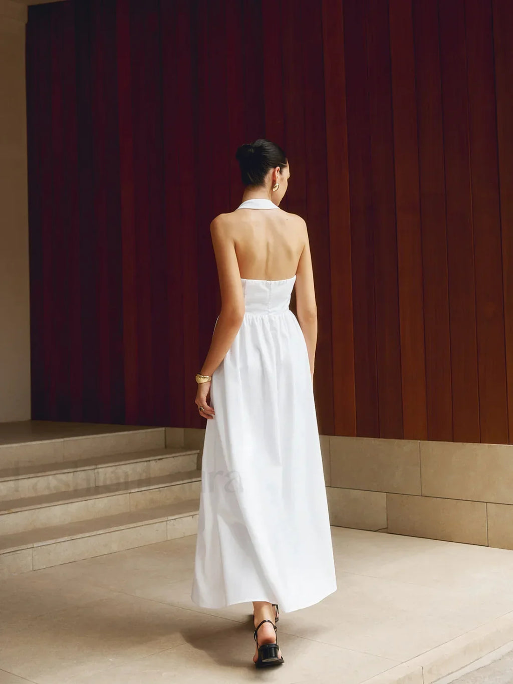 White Cotton And Linen Halter A-Line Long Dress