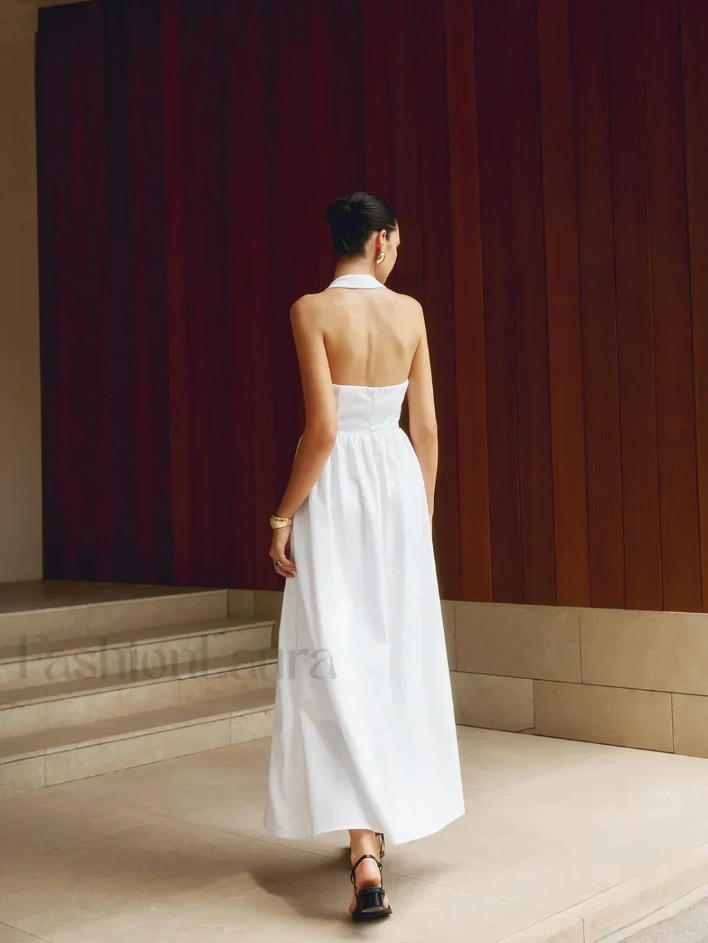 White Cotton And Linen Halter A-Line Long Dress