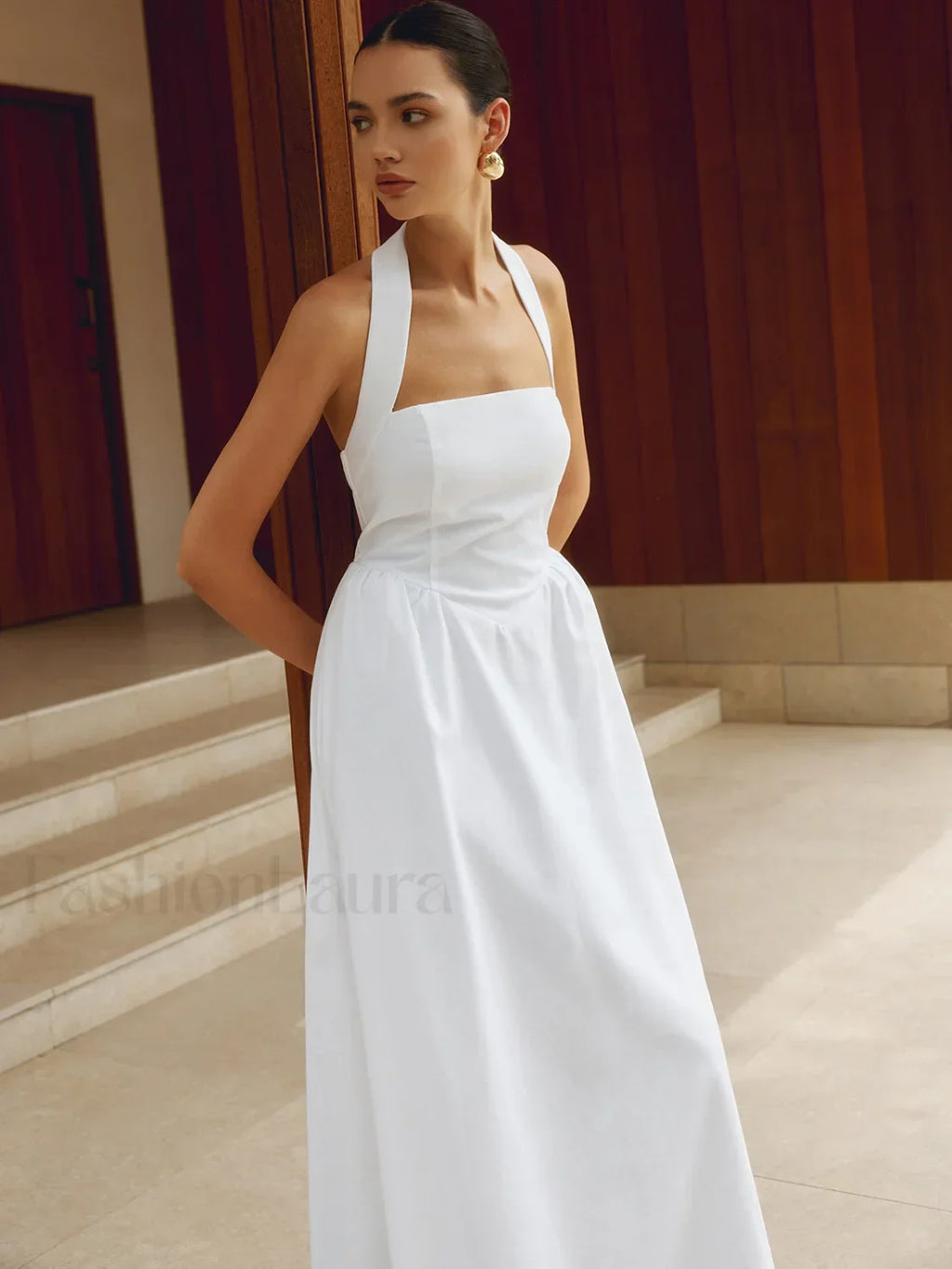 White Cotton And Linen Halter A-Line Long Dress